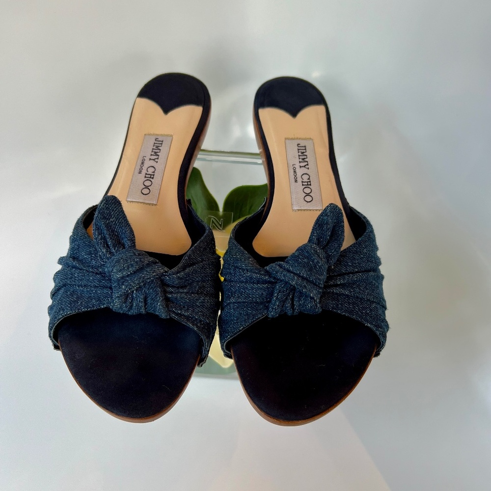 JIMMY CHOO Blue Denim Bow Knot Suede/Wood Slip On Slide Sz 36